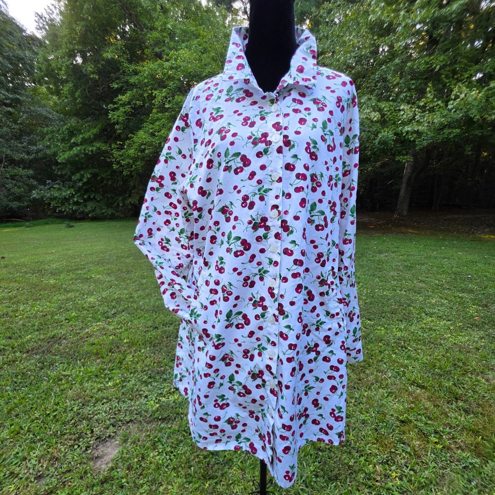 TULIP Womens L White Red Cherry Print Cotton Tunic Shirt Lagenlook Art to Wear